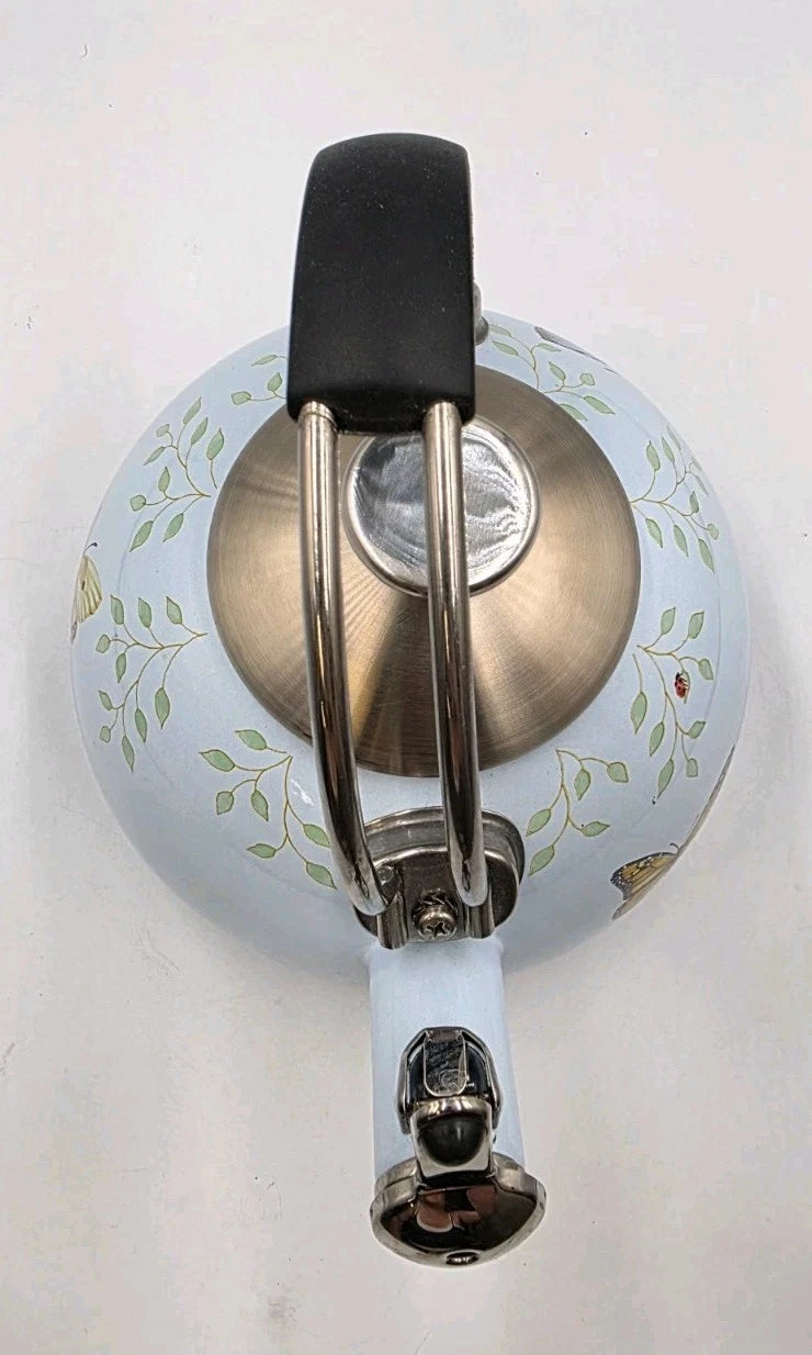 LENOX BUTTERFLY MEADOW WHISTLING TEA KETTLE. BLUE ENAMALWARE
