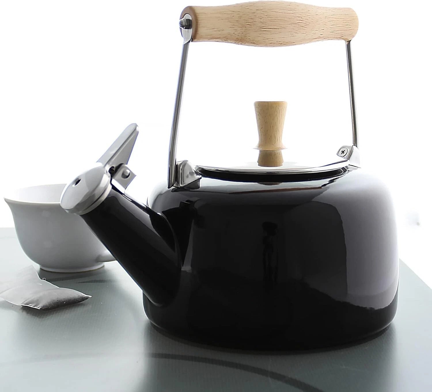 Elegant 1.4 Qt Black Enamel Whistling Teakettle with Rubberwood Stay-Cool Handle