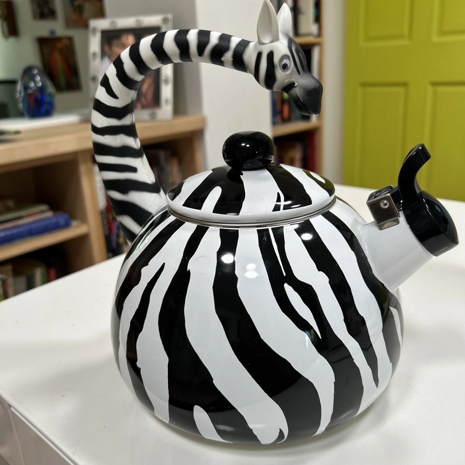 Enameled Zebra Whistling Tea Kettle 9 Inches Height, Black/White