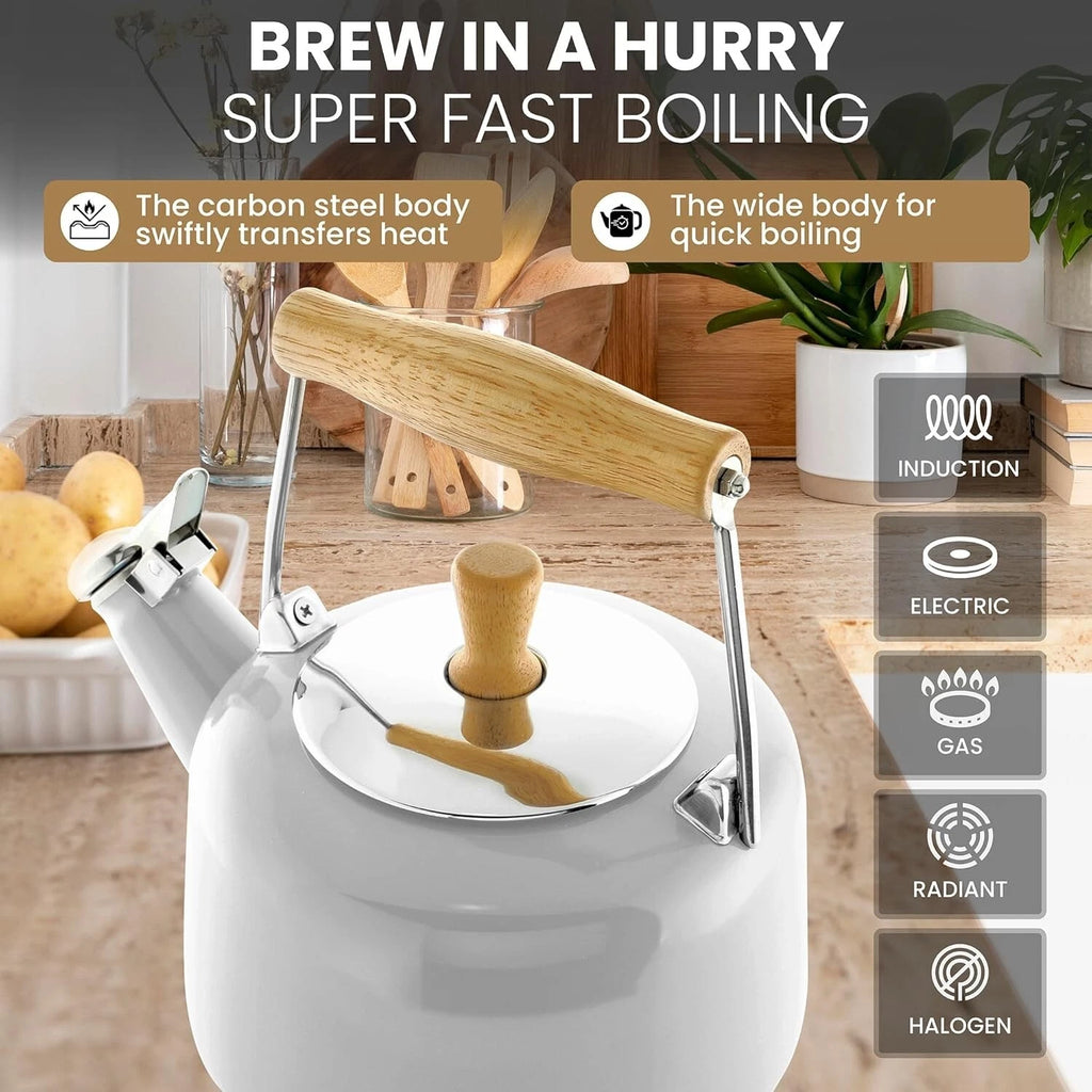 Elegant 1.4 Qt Black Enamel Whistling Teakettle with Rubberwood Stay-Cool Handle