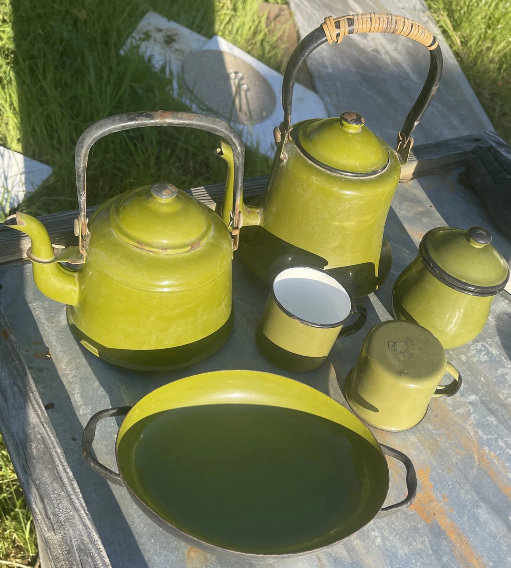 Vintage Collection Of Garden Green Enamelware Tea Pots Cups Container & Tray