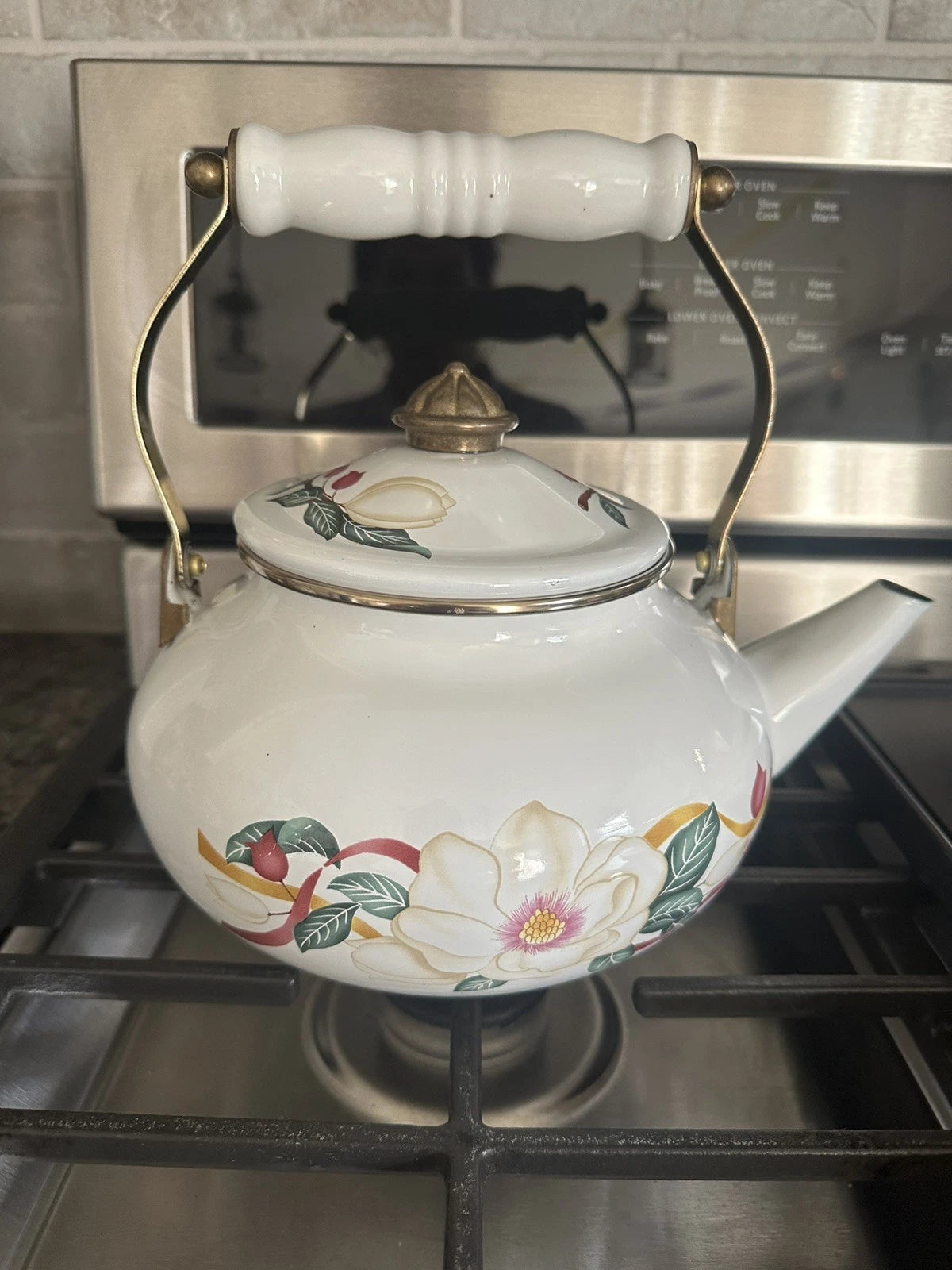 Vintage Enamel Lincoln Ware Metal Tea Kettle With Floral Design Gold Handle