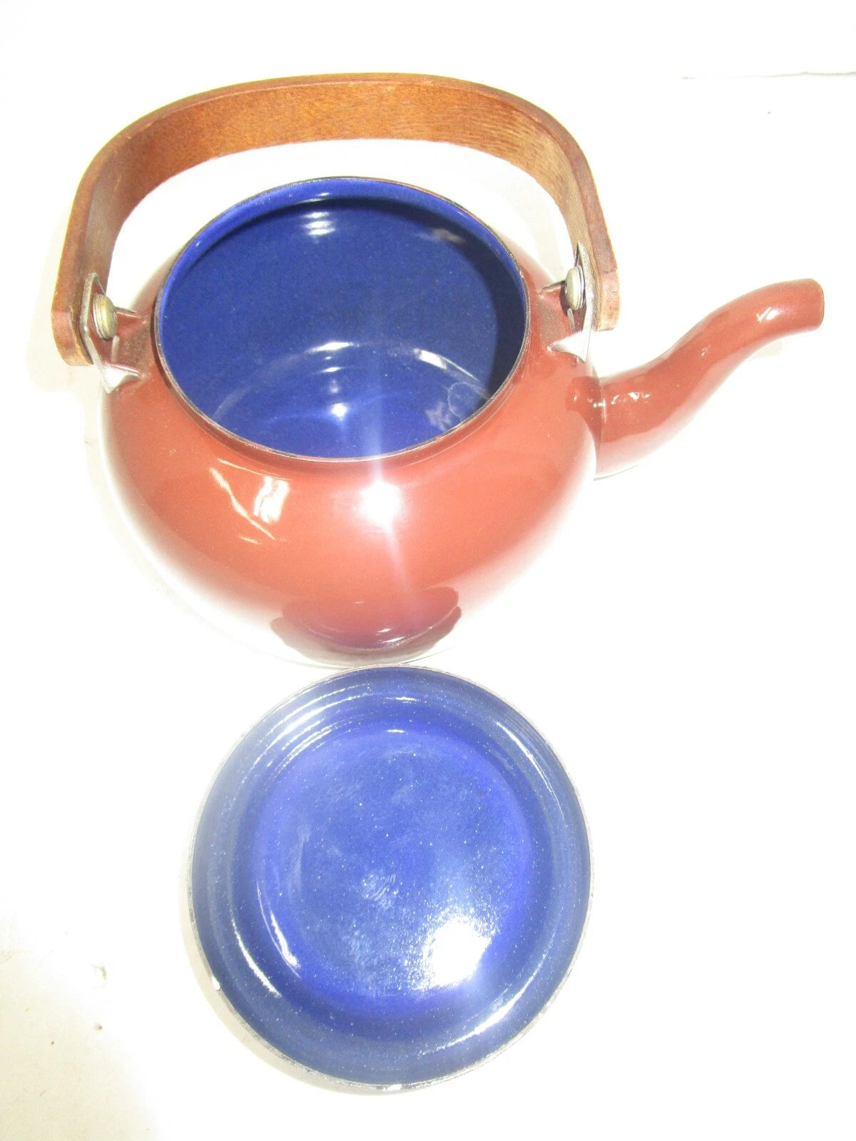 Gailstyn Sutton Taiwan Brown Vintage Enamelware Kettle Wood Handle Teapot