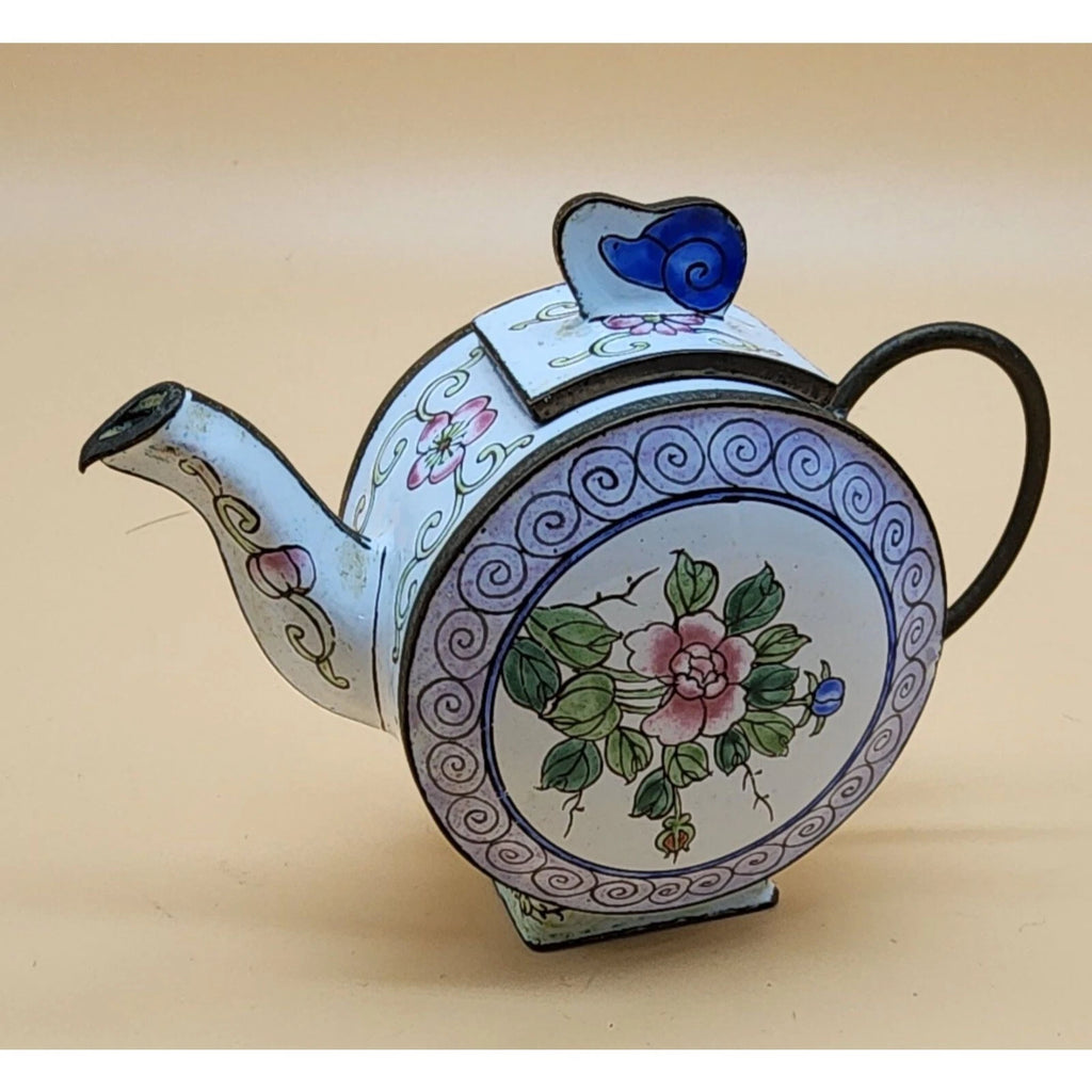 Chinemel by B. Yee Floral Pink Rose Pattern Enamel on Copper Miniature Teapot