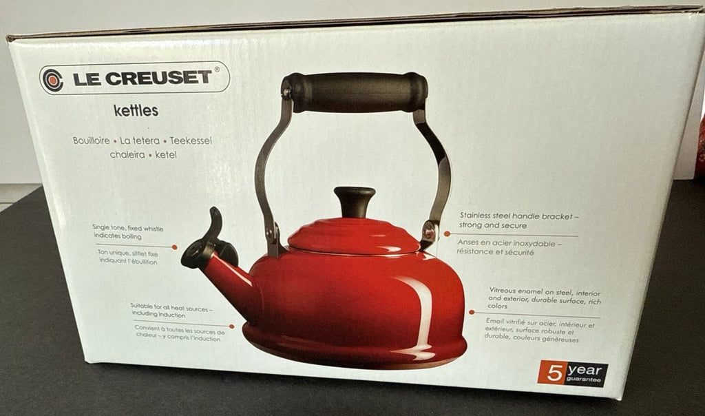 NEW! LE CREUSET Whistling Tea Kettle with Metal Finishes 1.7 qt. Caribbean BLUE