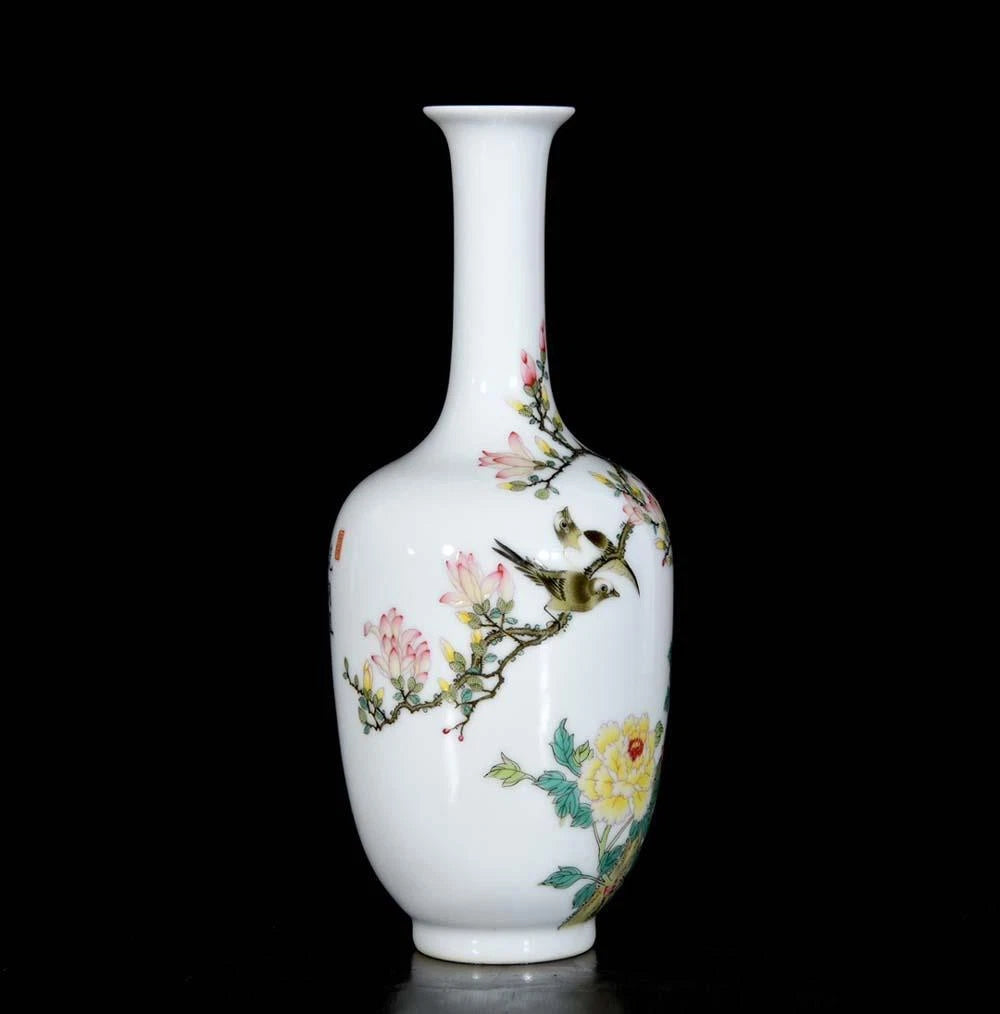 Qianlong Signed Pair Old Chinese Colour Enamel Vase W/bird N3736