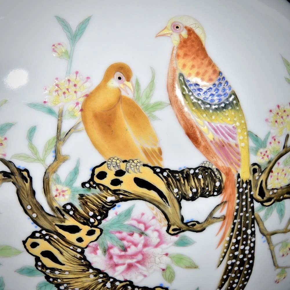 30CM Qianlong Signed Old Chinese Colour Enamel Vase W/bird N3353
