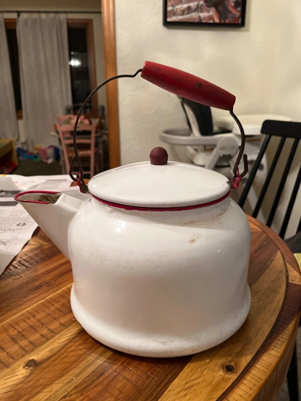 Large vintage enamel tea kettle with matching small basin