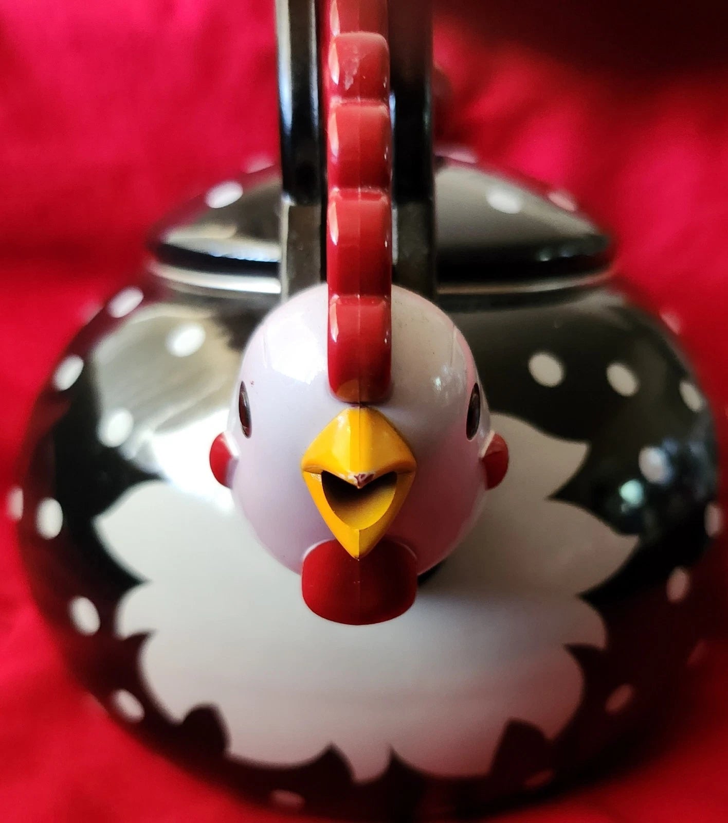 New Supreme Housewares Novelty Enamel Whistling Rooster Tea Kettle, Poka-dot