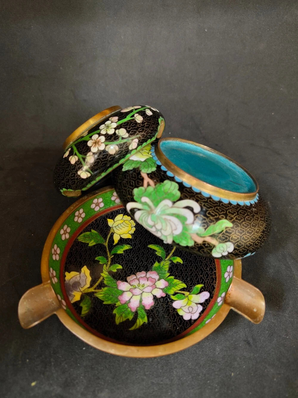 Chinese Vintage Cloisonne Bowl Cigarette stand Enamel Flowers Fine