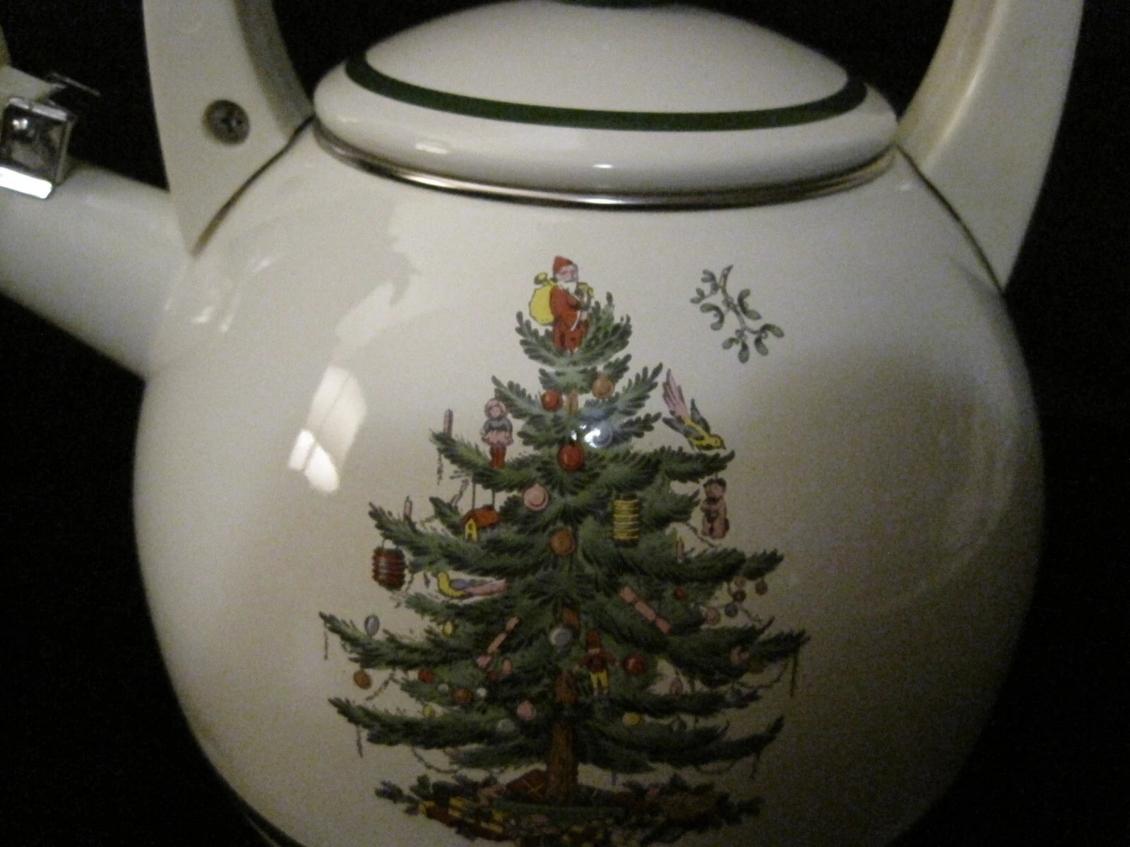 Spode Vintage Christmas Tree Metal Enamel Tea Pot Kettle, EUC