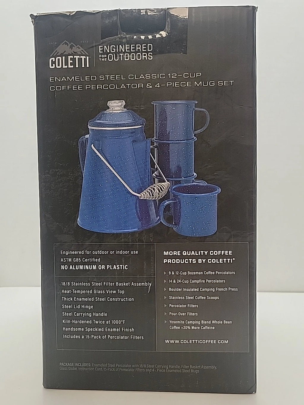 COLETTI Classic Camping Coffee Pot & Enamel Mug Set  Percolator Blue Glass Broke