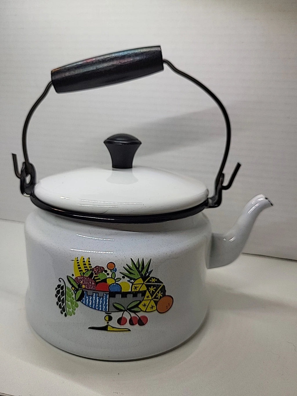 Vintage Bergren Swedish White Tin Enamelware 1960’s Tea Kettle with Fruit design