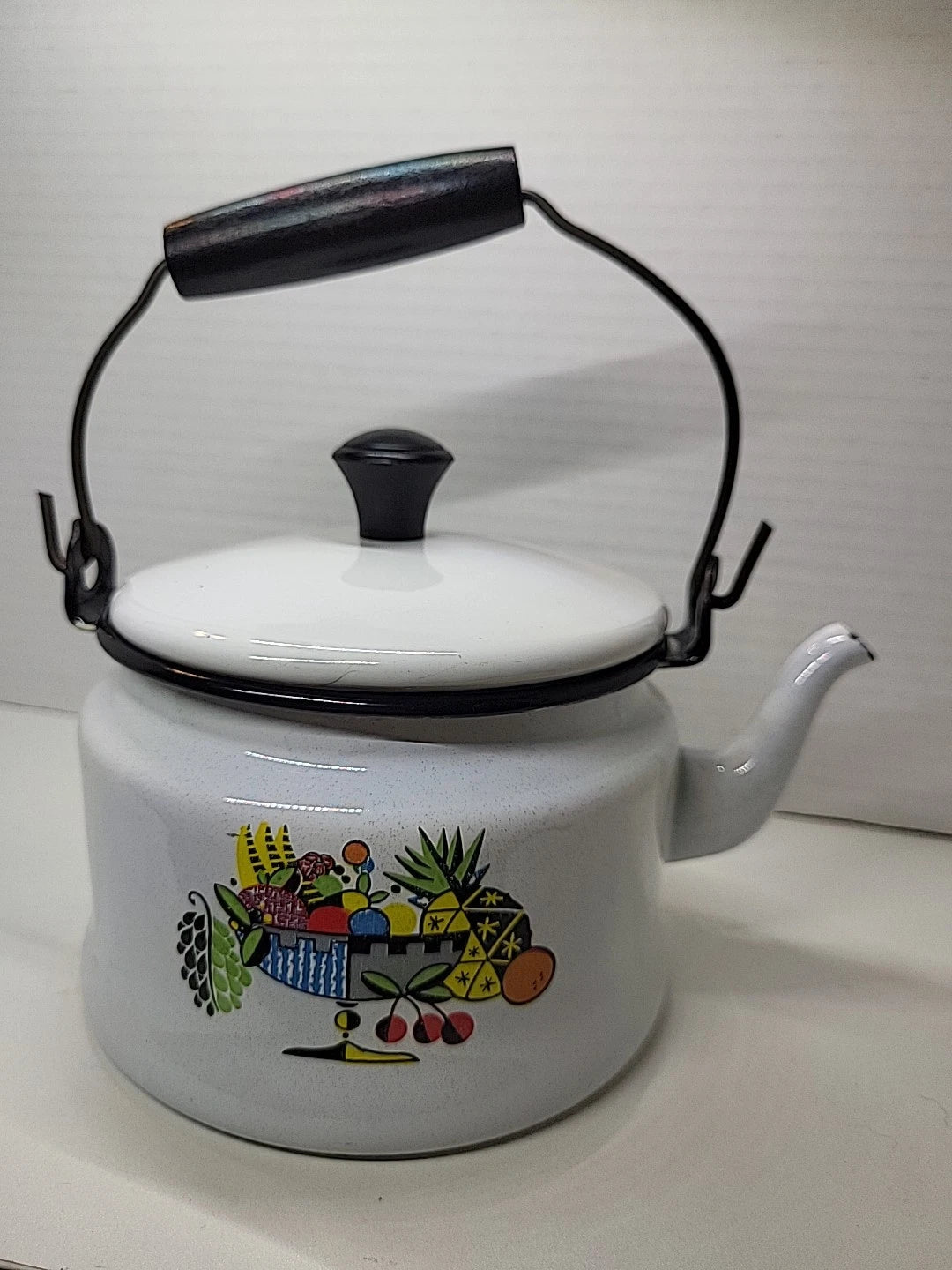 Vintage Bergren Swedish White Tin Enamelware 1960’s Tea Kettle with Fruit design