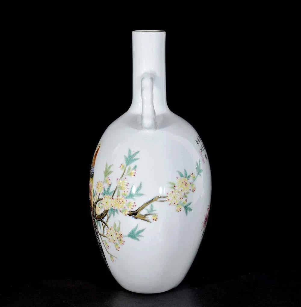 30CM Qianlong Signed Old Chinese Colour Enamel Vase W/bird N3353