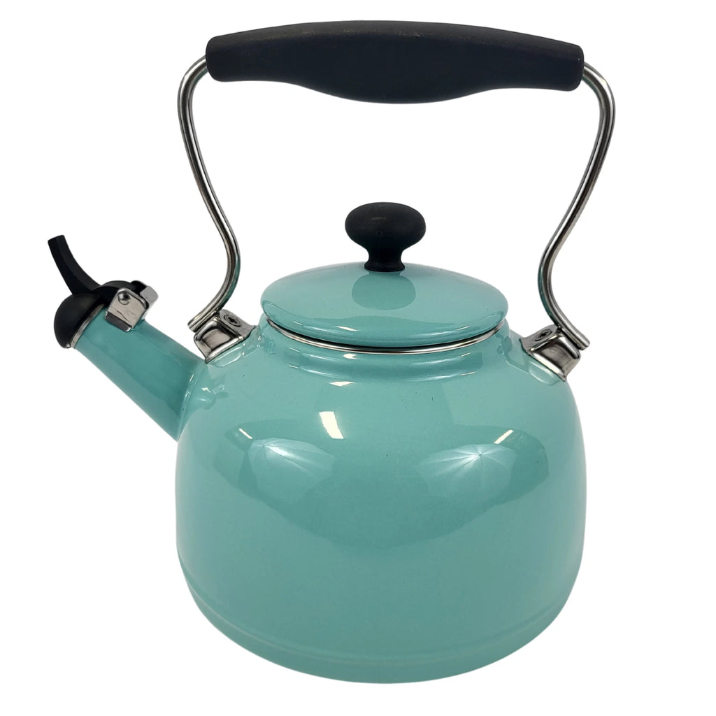 Aqua Blue Enamel Whistling Tea Kettle with Black Handle - 2 Qt