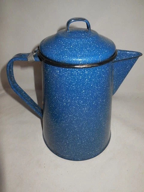 Vintage 7 cup Blue Enamel Camp Hot Water Or Tea Pot