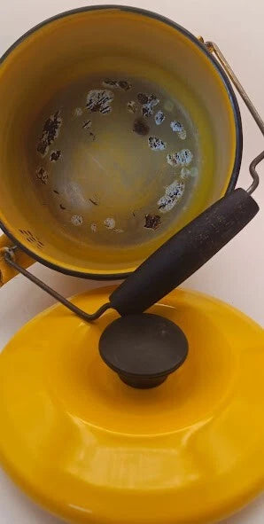 Bright Yellow Tea Kettle With Black Trim & Rust * For Decor Only *