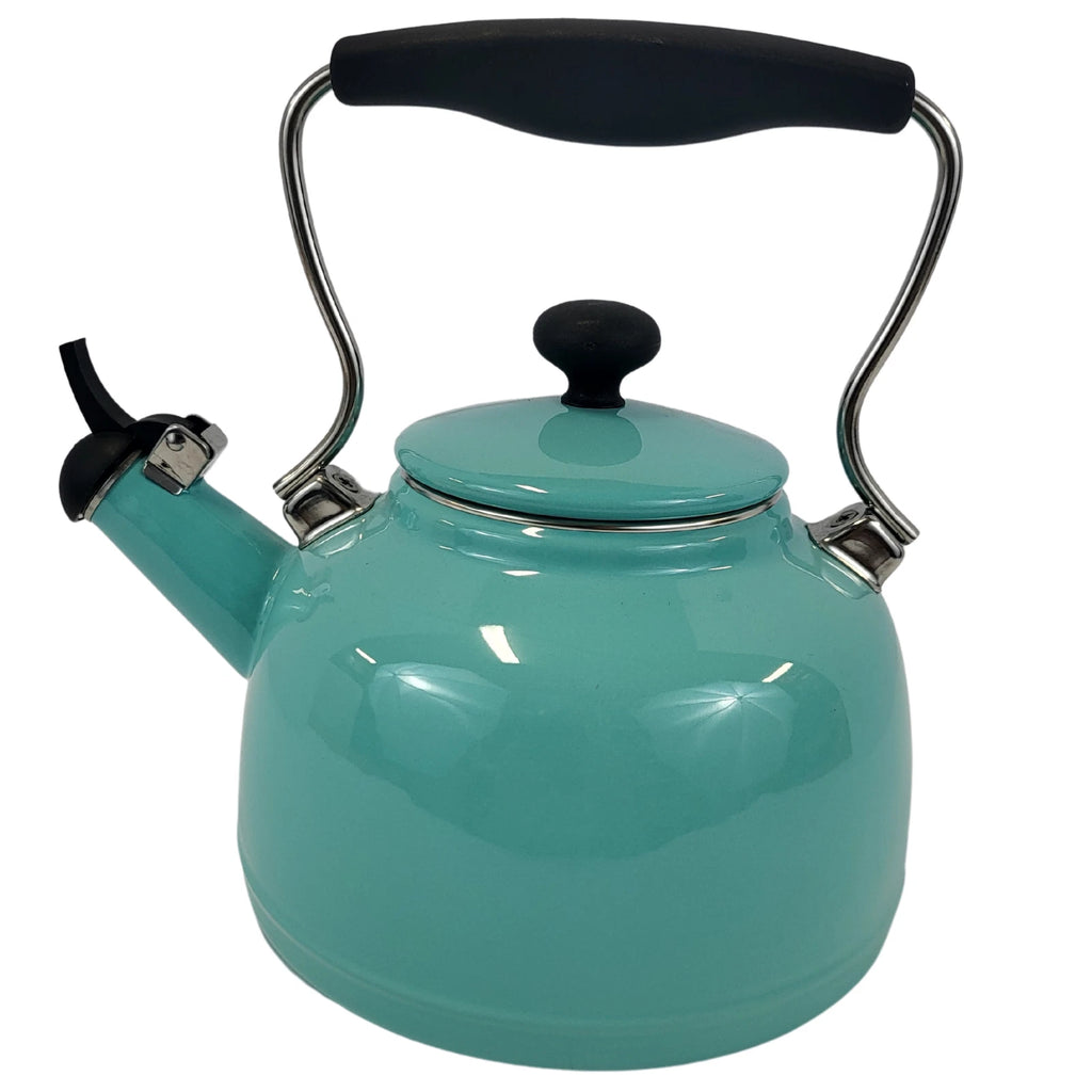Aqua Blue Enamel Whistling Tea Kettle with Black Handle - 2 Qt