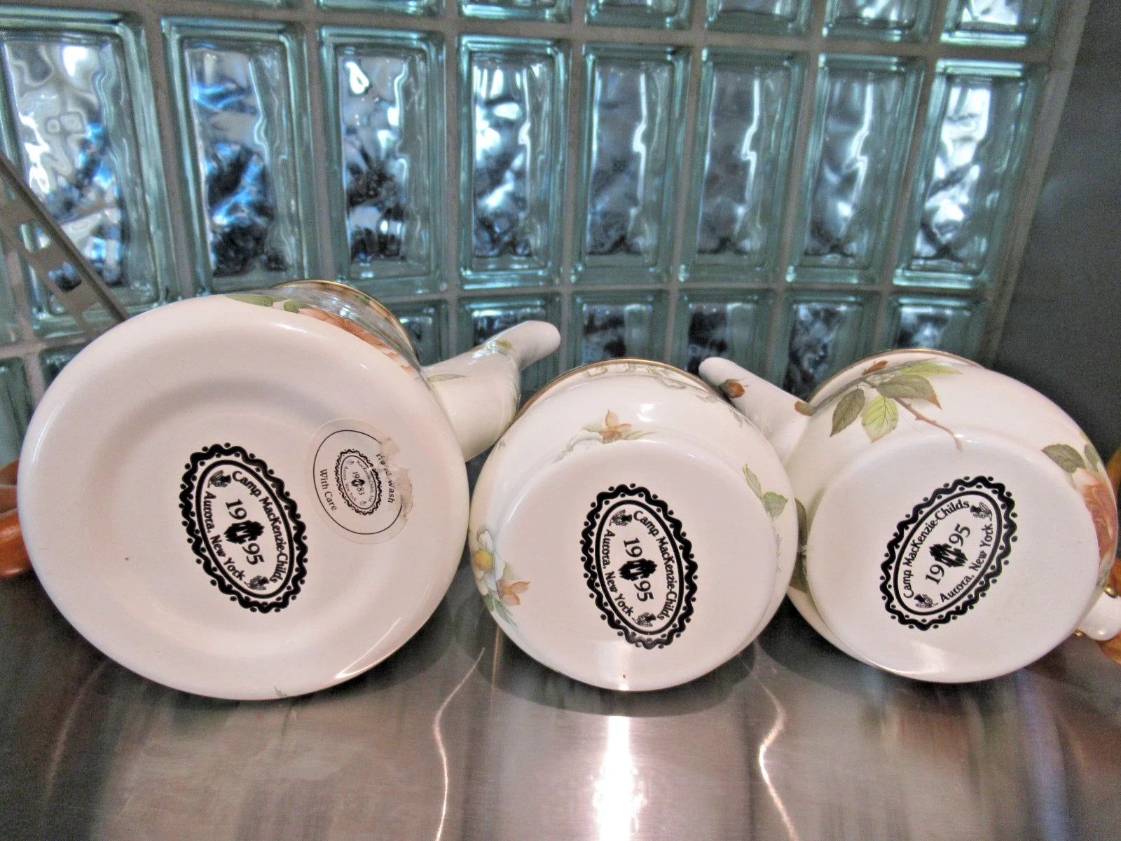 Camp MacKenzie Childs Ltd White Floral Enamelware 1995 3pcTea Set