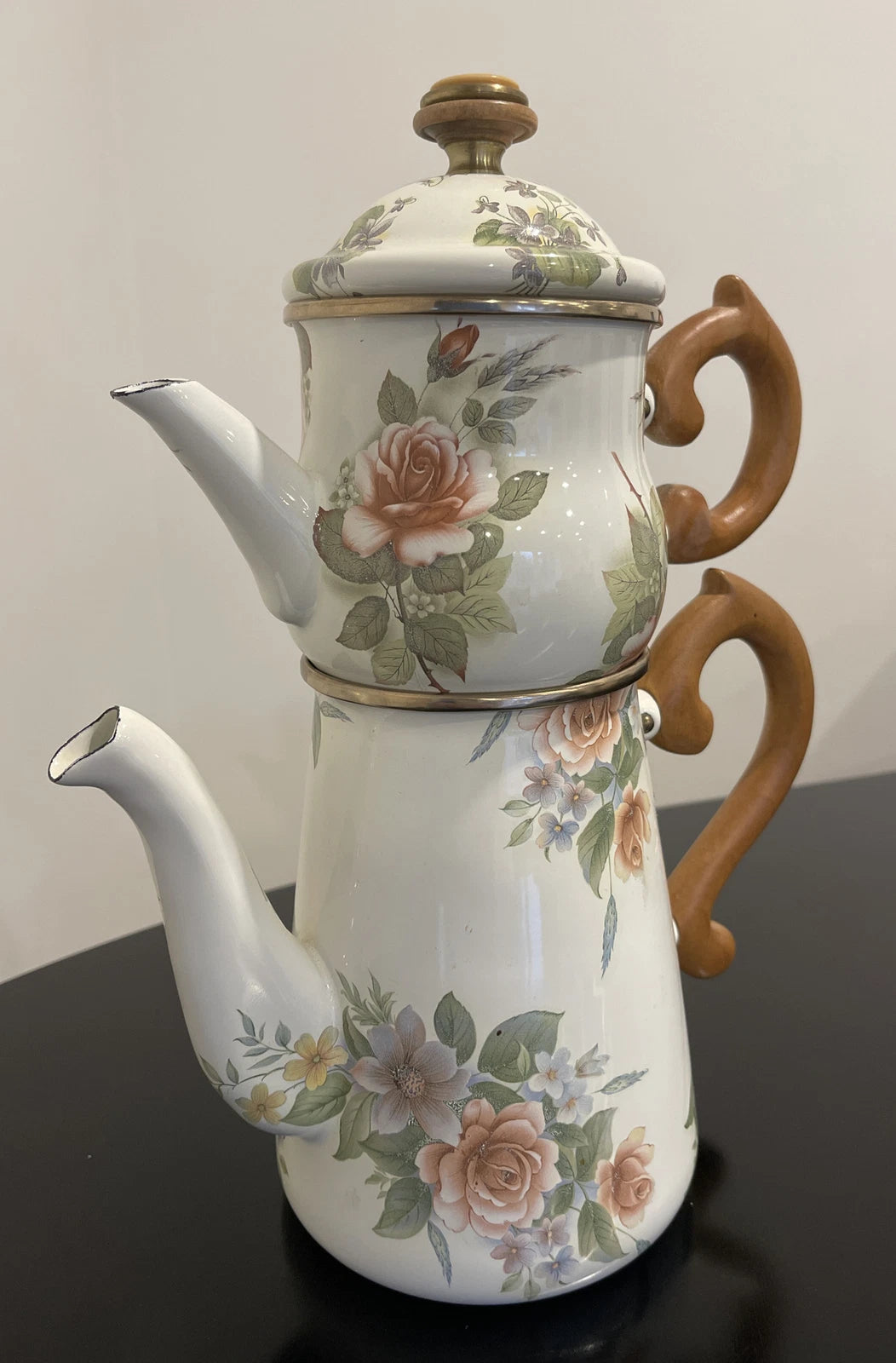 MacKenzie Childs Stacked Camp Yellow Roses Enamel Teapot & Cream