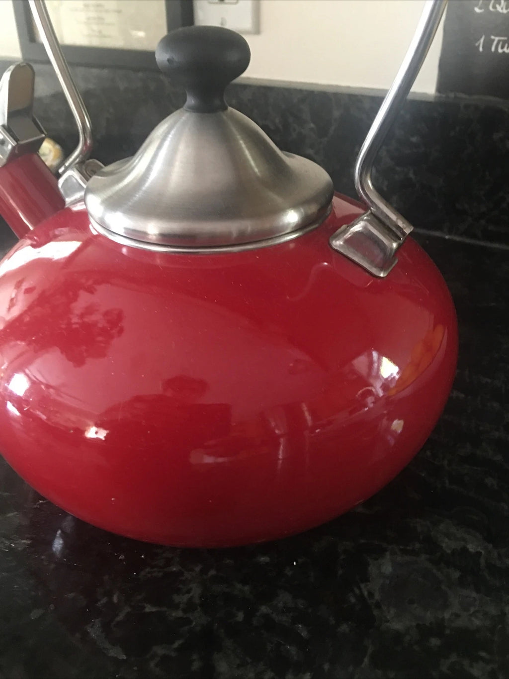 Vintage CHANTAL Whistling Tea Kettle Teapot Stovetop Enamel Red &  Silver Top