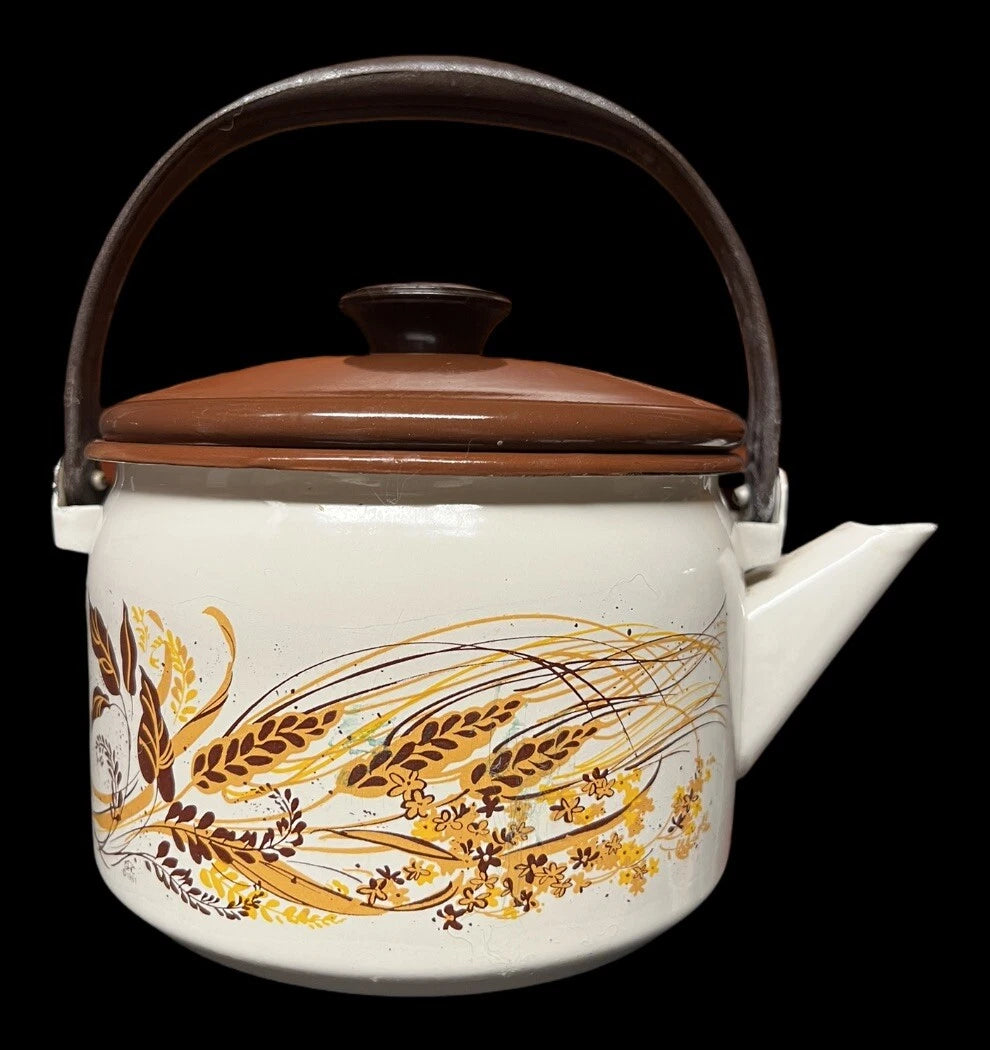 VINTAGE MCM Wheat TEAPOT Kettle With Wooden Handle