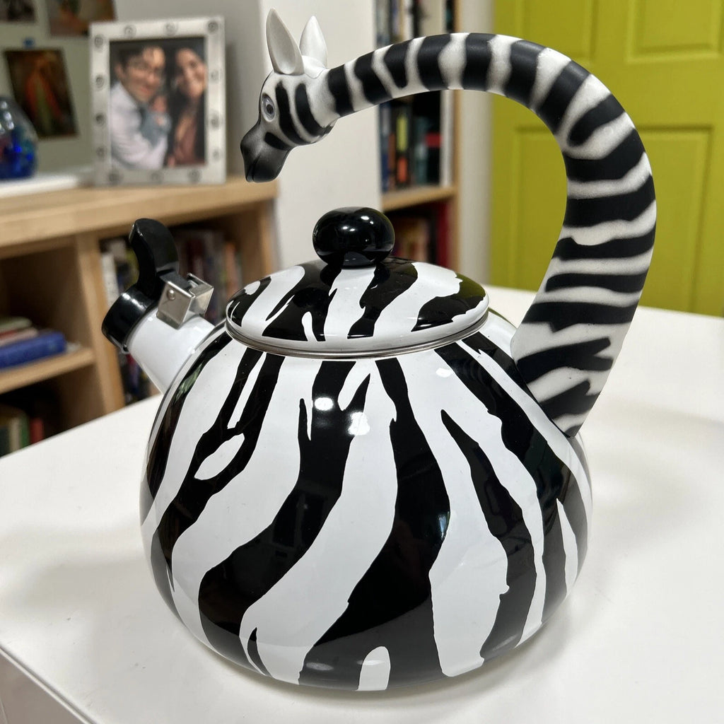 Enameled Zebra Whistling Tea Kettle 9 Inches Height, Black/White