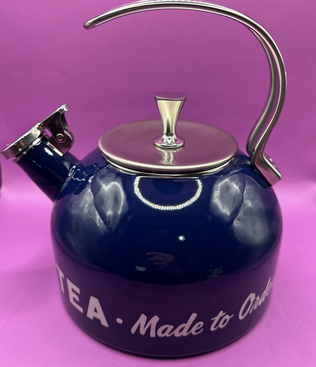 LENOX  KATE SPADE MADE TO ORDER COFFEE TEA KETTLE NAVY BLUE SILVER NICE COND