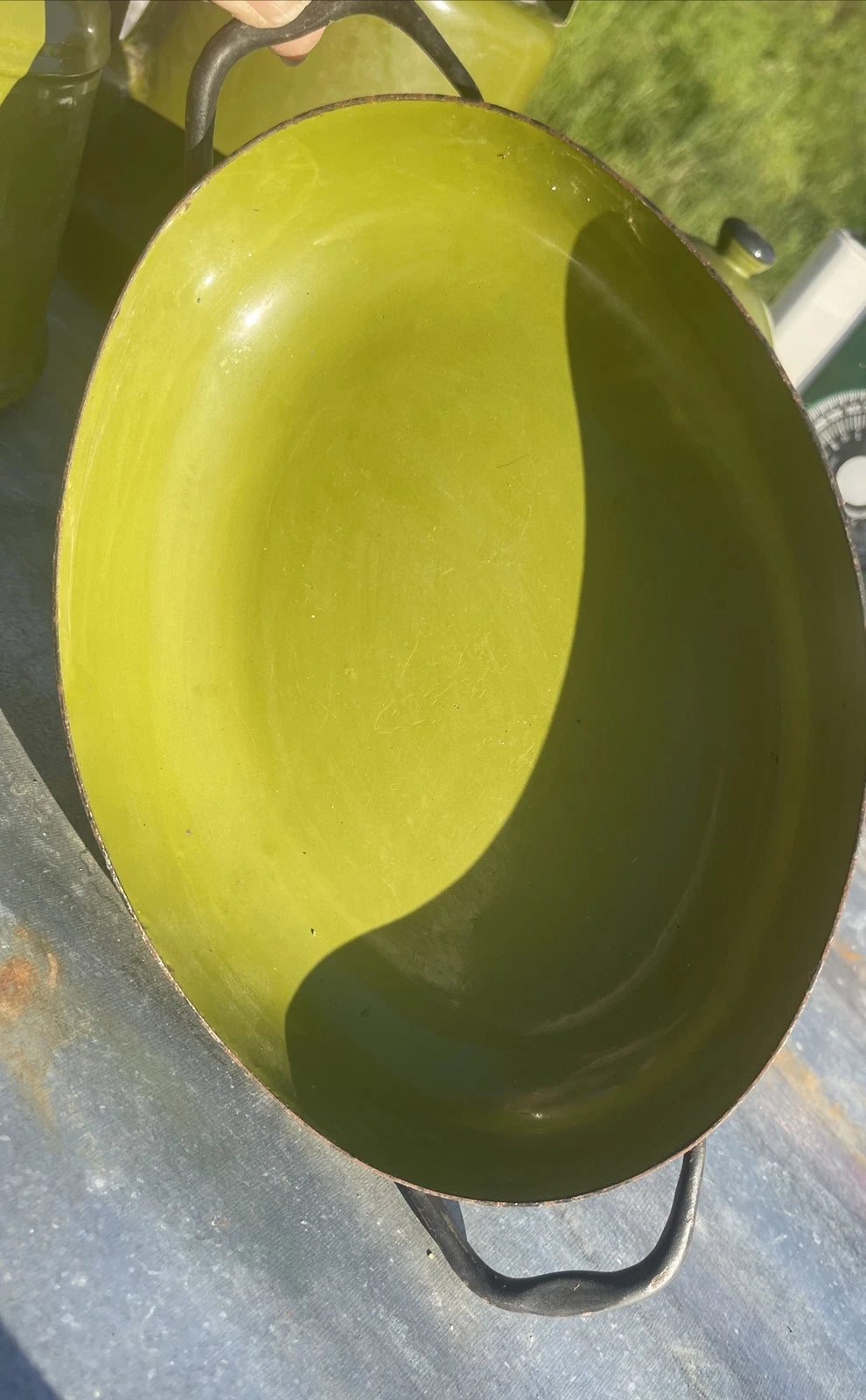 Vintage Collection Of Garden Green Enamelware Tea Pots Cups Container & Tray