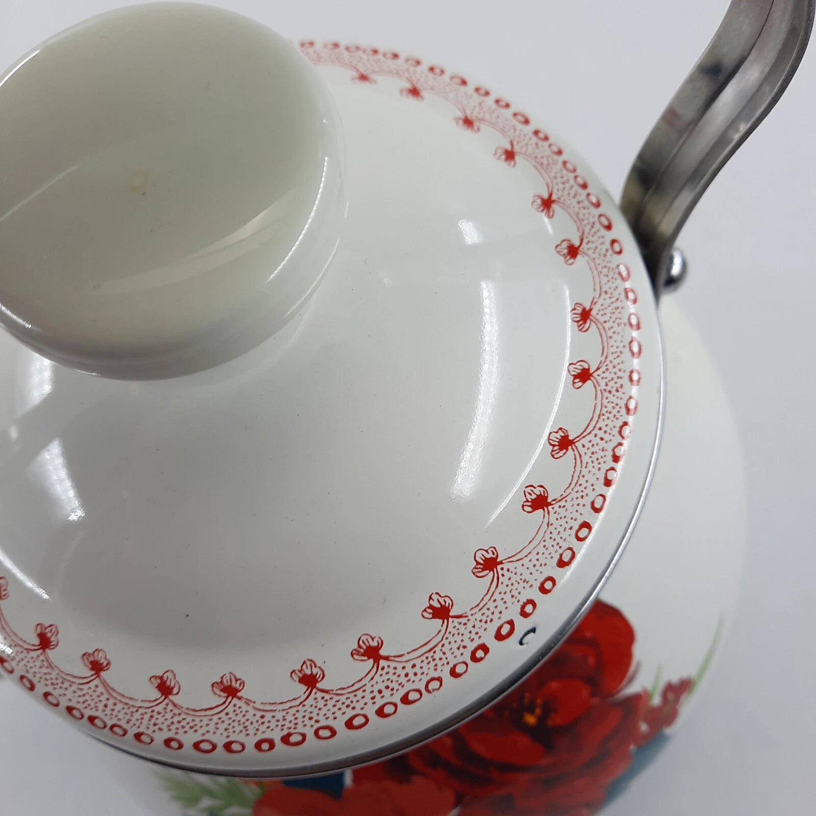 The Pioneer Woman  Enamel Tea Pot 11x9 Inches White & Red Floral Cool Handle EUC