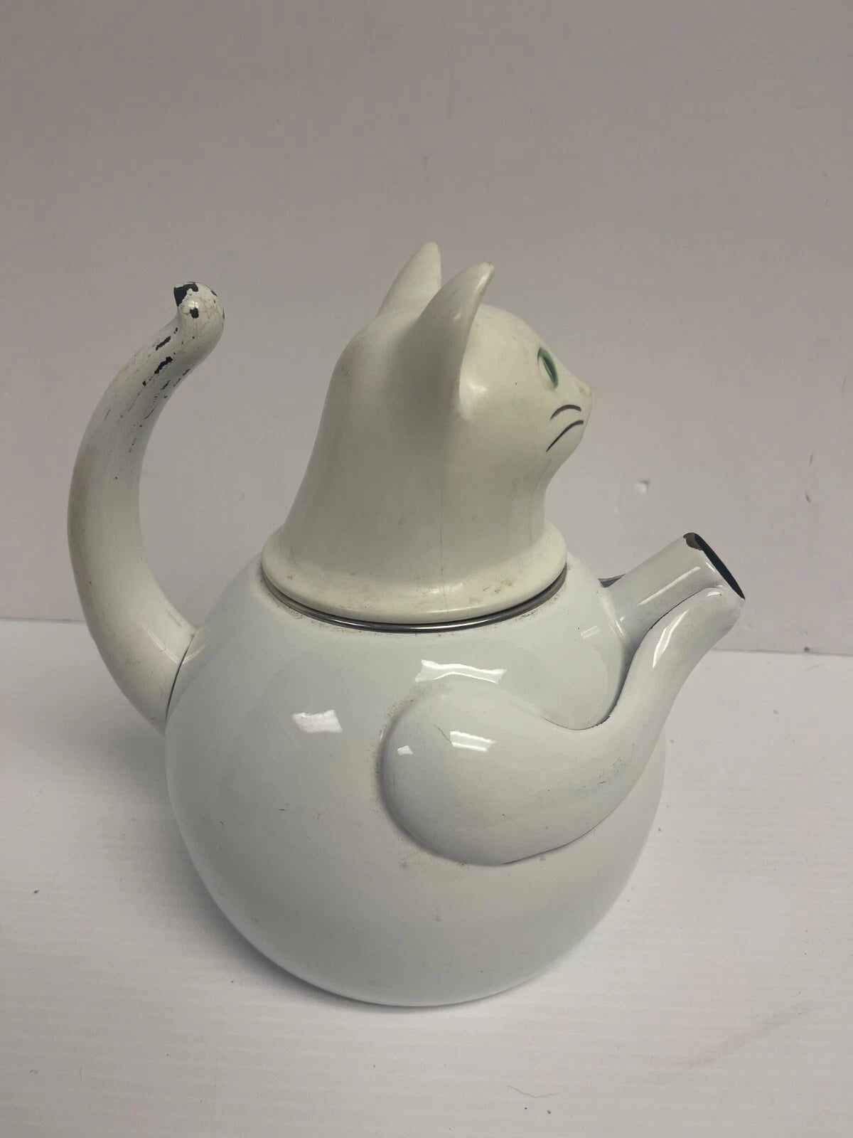 Vintage 1980s COPCO Cat TEA KETTLE White Enamel missing mouse whistle - 948