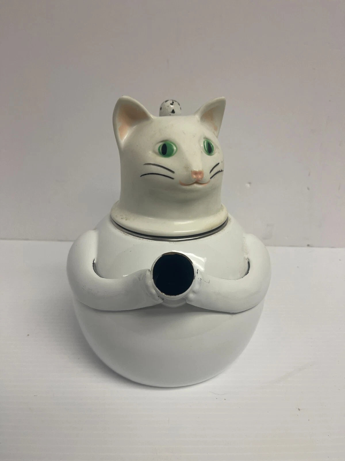 Vintage 1980s COPCO Cat TEA KETTLE White Enamel missing mouse whistle - 948