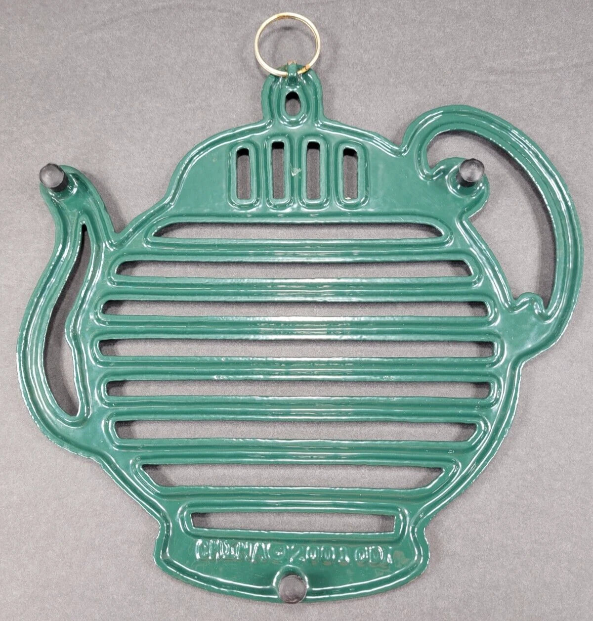 Green Enamel Tea Kettle Cast Metal Trivet Cottage VTG ODI Wall Decor Heavy Duty