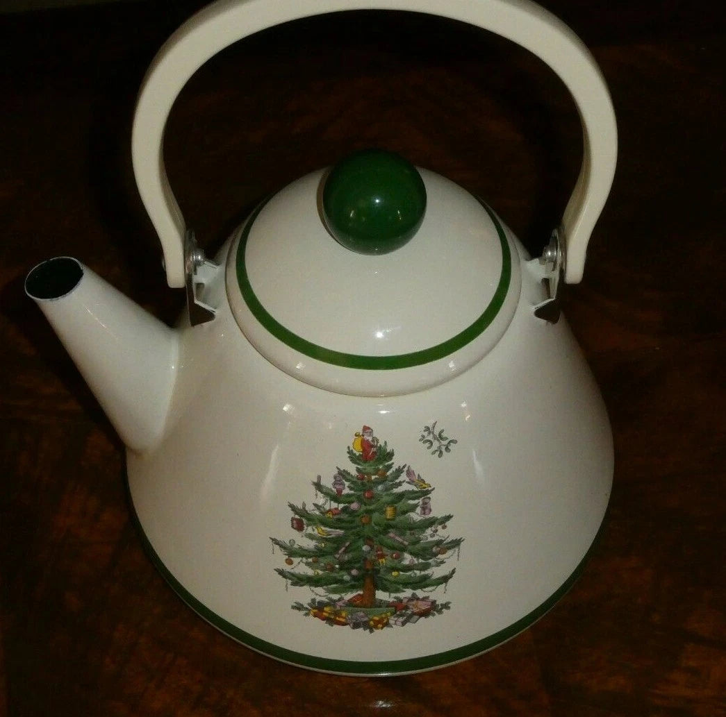 Spode ~ CHRISTMAS TREE~  TEA KETTLE ~2.5 QT~ PPRCELAIN, ENAMEL ON STEEL~ W/BOX!