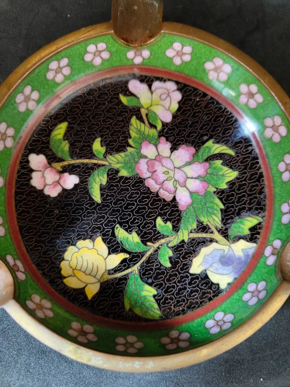 Chinese Vintage Cloisonne Bowl Cigarette stand Enamel Flowers Fine