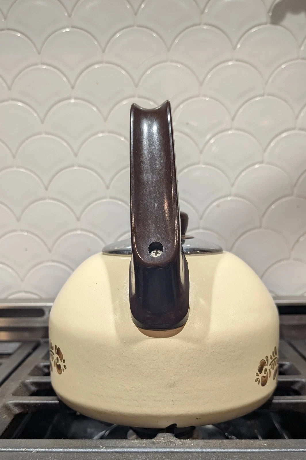 Rare Vintage Pfaltzgraff Village Enamelware Whistling Tea Kettle MCM Tea Pot