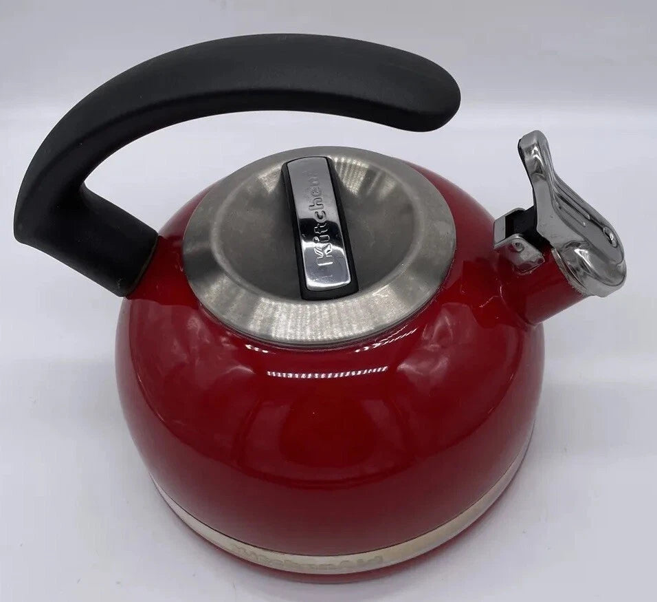 KitchenAid 2 Qt Whistling Tea Kettle Pot Red Enamel C Handle Stainless GUC