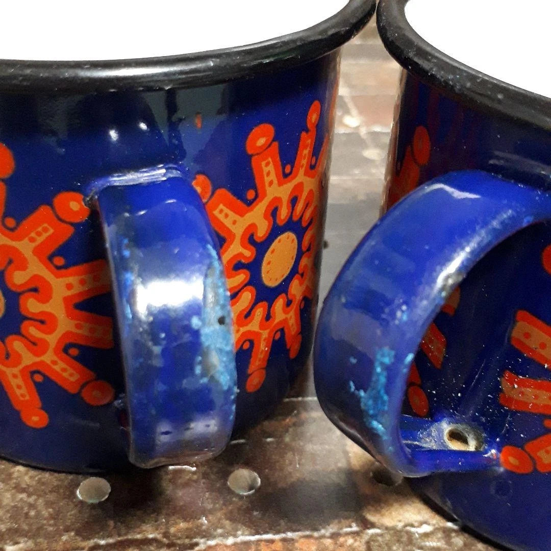 1960s Finel Arabia Enamel Pot Mug Set Red Blue Nordic Mid Century Authen Vintage
