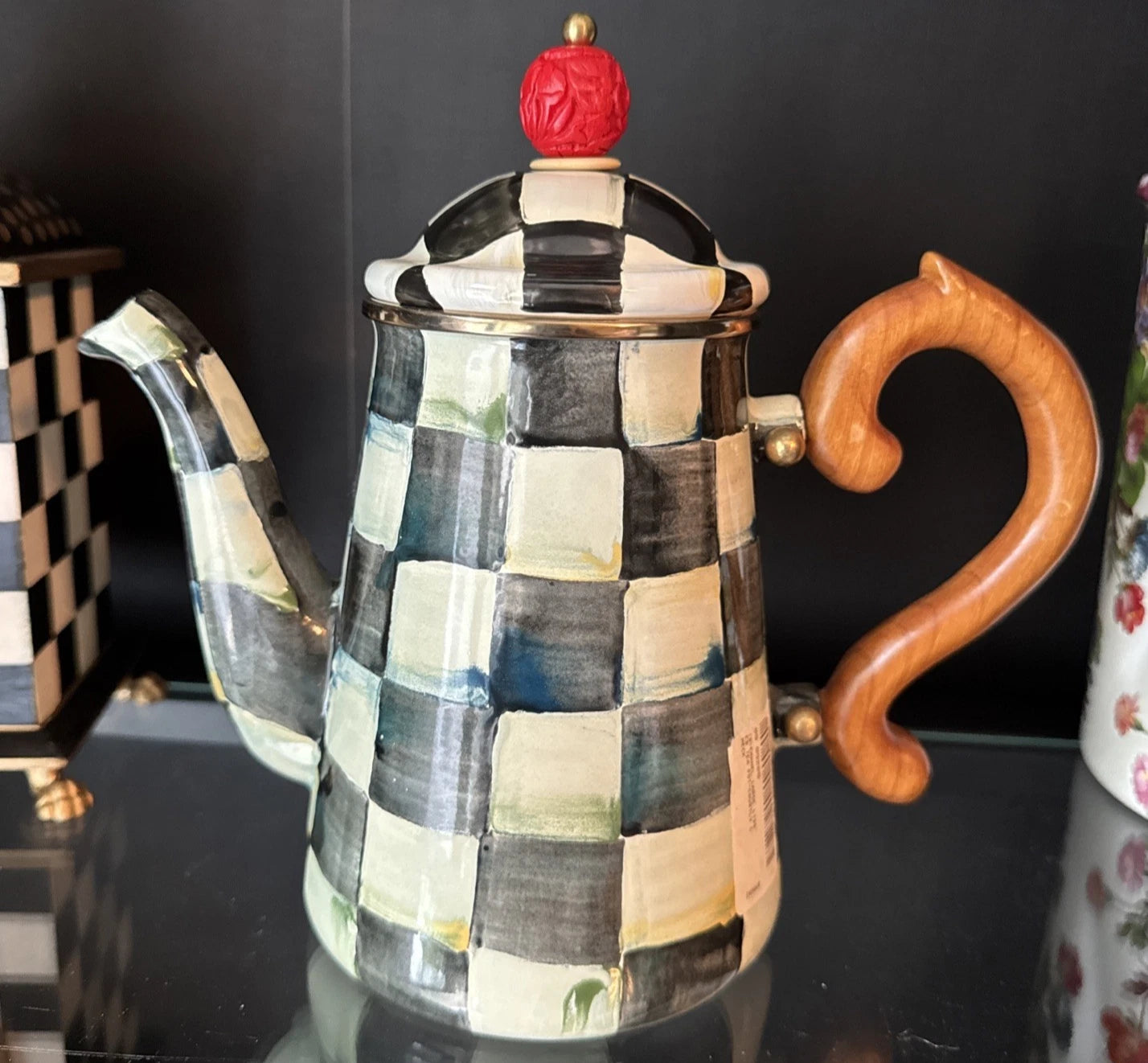 NEW MACKENZIE CHILDS COURTLY CHECK COFFEE POT & LID ENAMELWARE Large Tea Pot