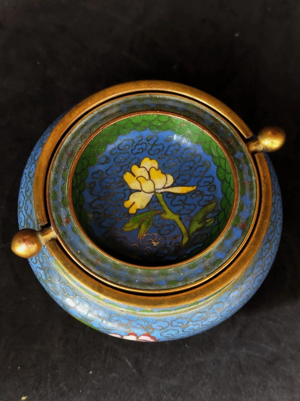 Chinese Antique Cloisonne Bowl Enamel Flowers Fine with Lid