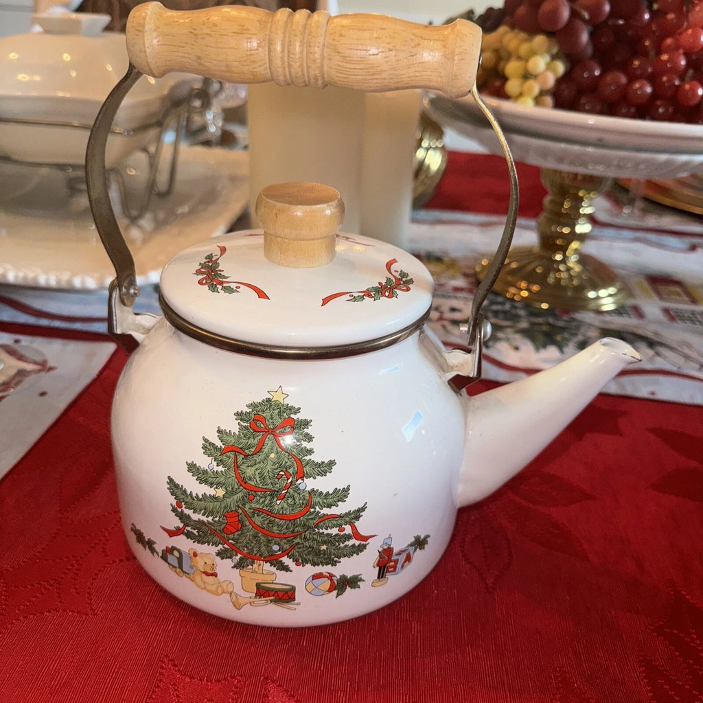 Christmas Tea Pot Vtg Enamel Wood Handle Christmas Tree Holiday Decor Kettle