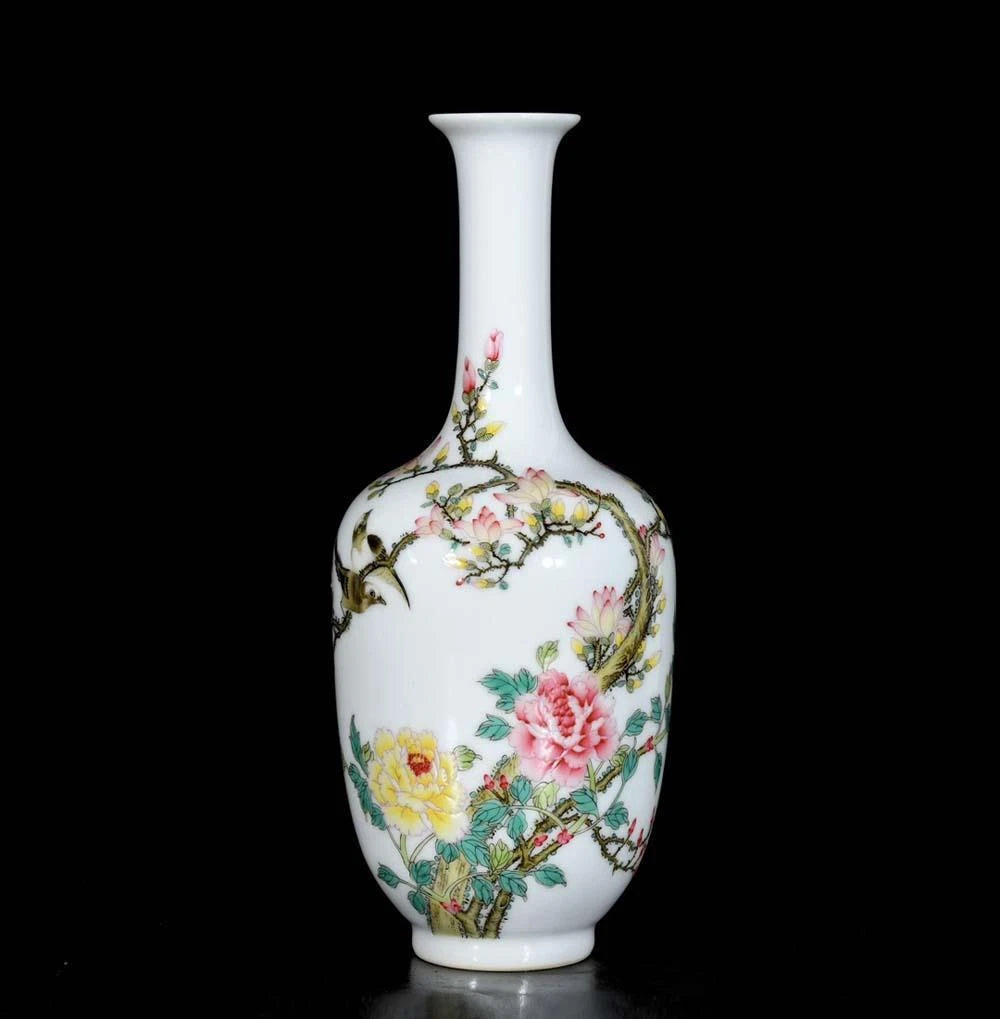 Qianlong Signed Pair Old Chinese Colour Enamel Vase W/bird N3736