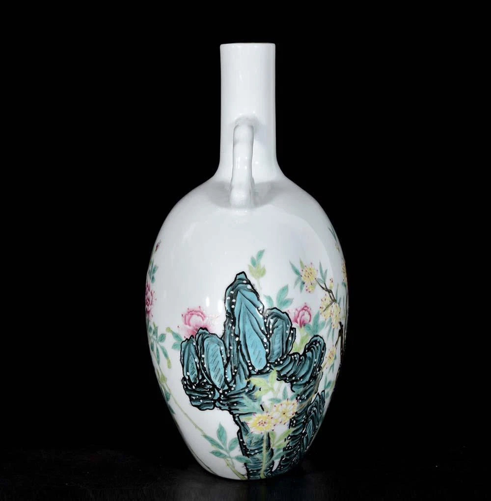 30CM Qianlong Signed Old Chinese Colour Enamel Vase W/bird N3353