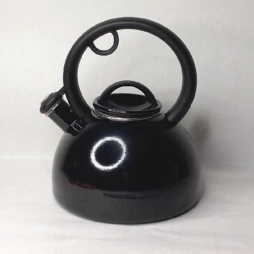Copco Whistling Tea Kettle Glossy Black 2 Quart Enamel Squeeze Handle Stovetop