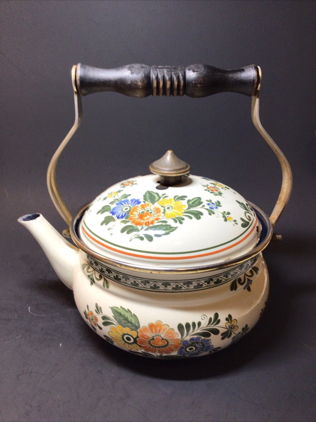 ASTA Enamelware Tea Kettle 1960s Amsterdam Teapot Brass Handles Floral - Germany