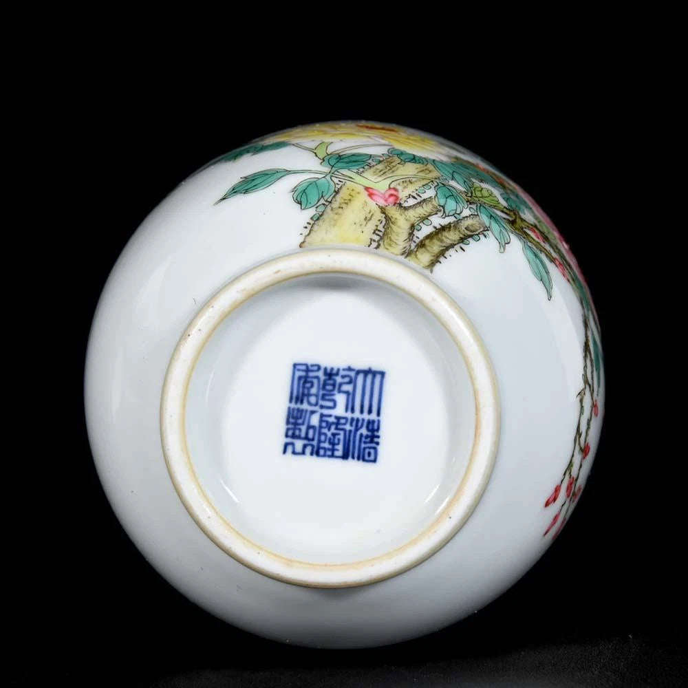 Qianlong Signed Pair Old Chinese Colour Enamel Vase W/bird N3736