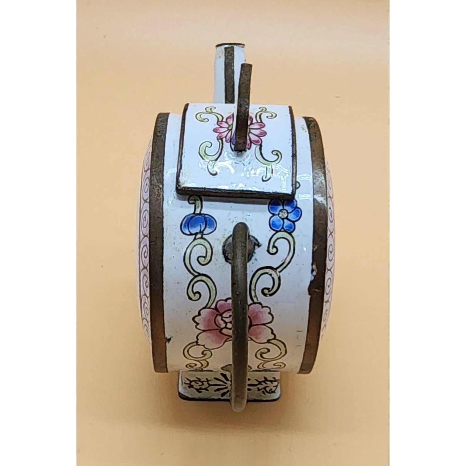 Chinemel by B. Yee Floral Pink Rose Pattern Enamel on Copper Miniature Teapot