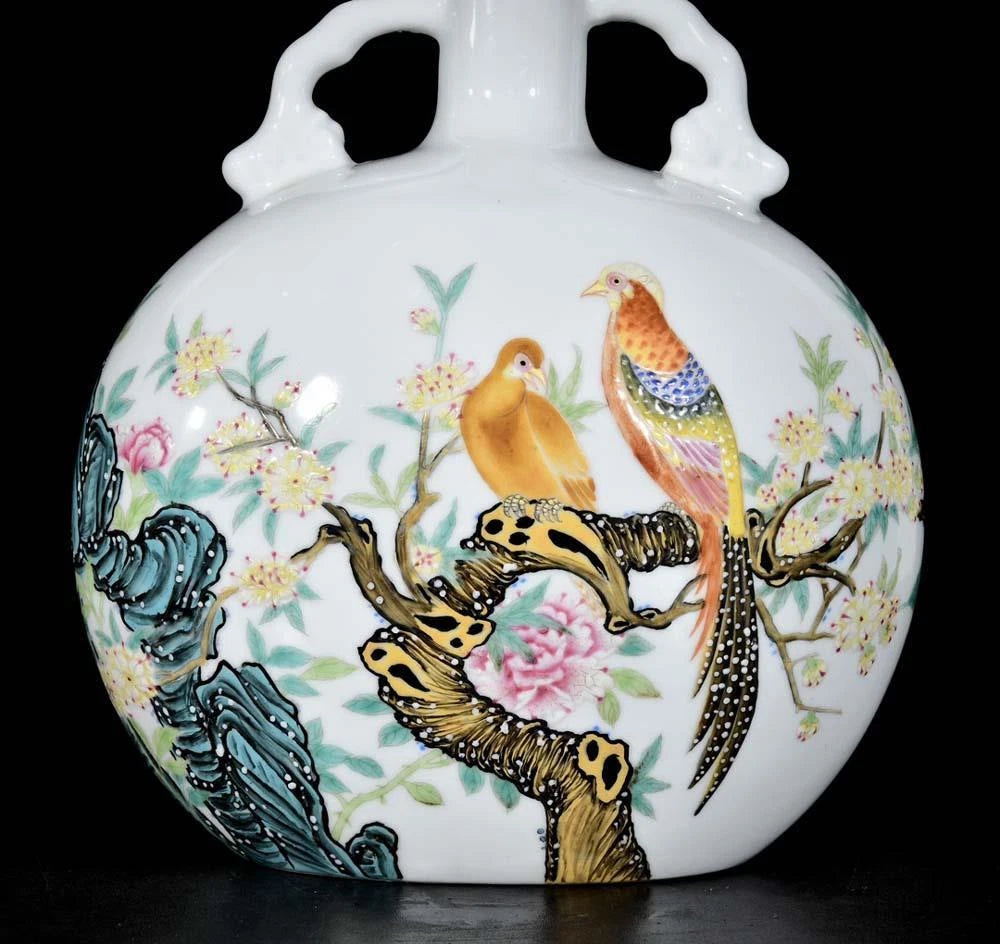 30CM Qianlong Signed Old Chinese Colour Enamel Vase W/bird N3353