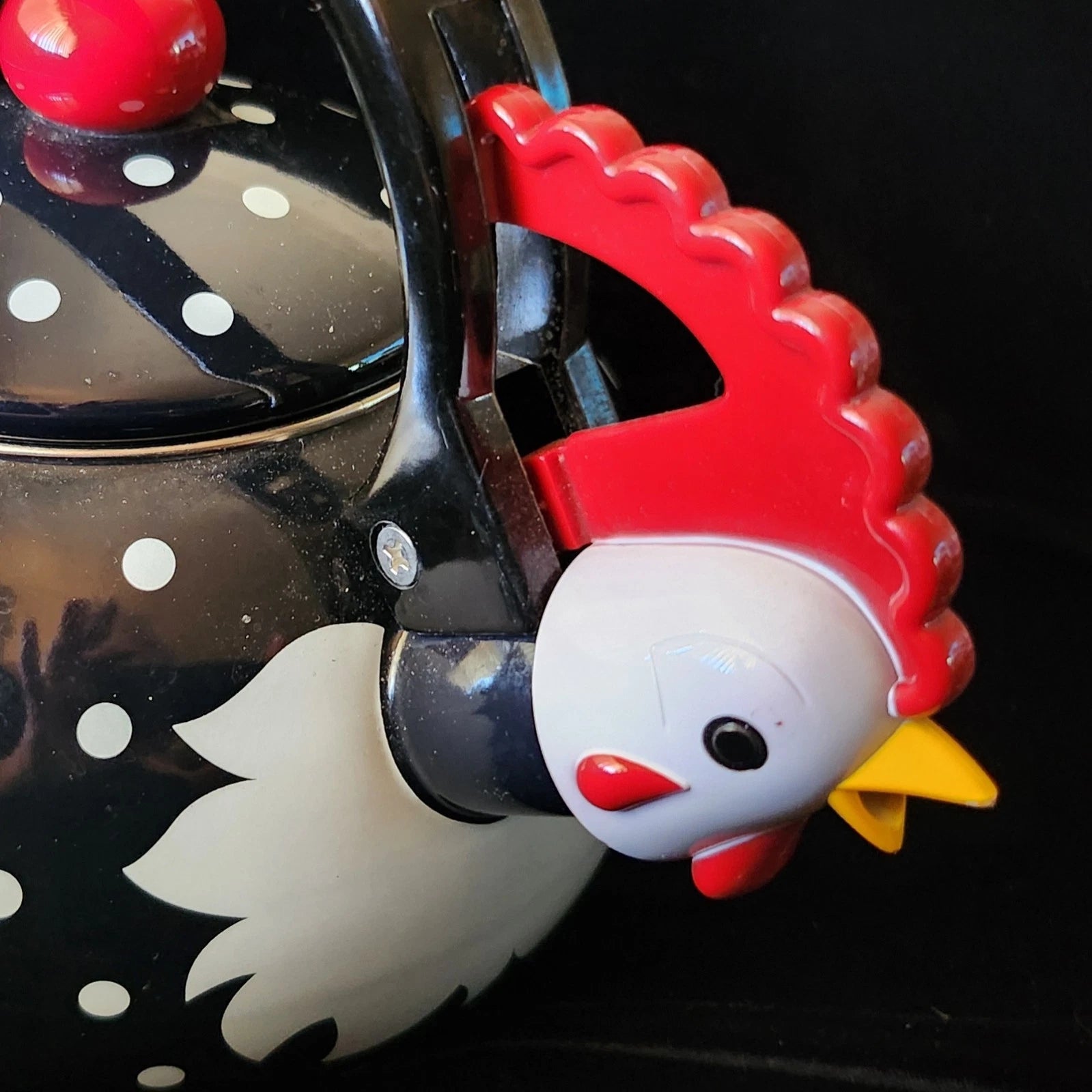 New Supreme Housewares Novelty Enamel Whistling Rooster Tea Kettle, Poka-dot